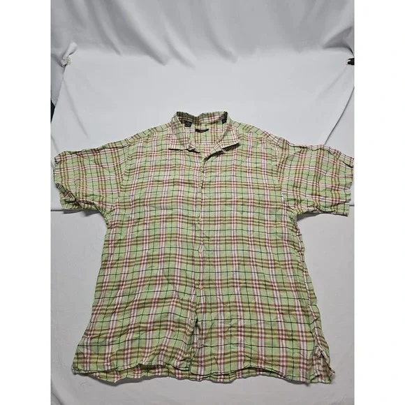 Vtg Burberry Men's Short Sleeve Linen Button Up Green Beige Check USA Made Sz XL - Picture 10 of 13